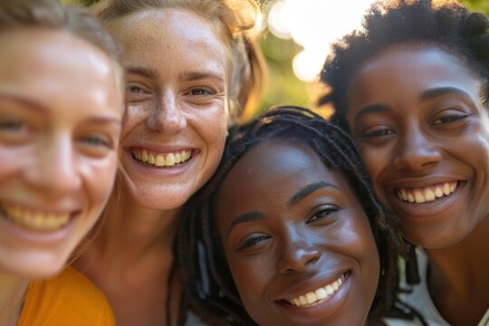Up close: a diverse group of friends beaming with joy, demonstrating unity and camaraderie