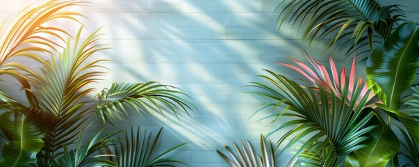 Sunlit tropical plants with shadows on a light blue wall background