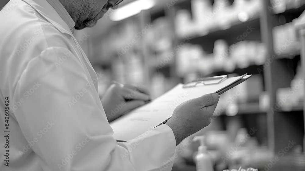 Aufkleber a scientist holding a clipboard and looking at some data or notes, possibly in a laboratory setting