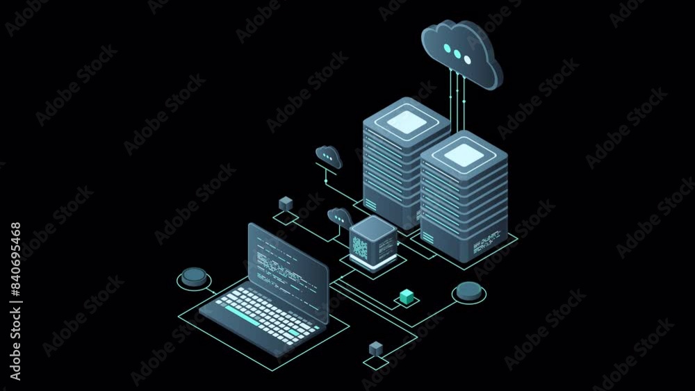 Poster Isometric computer technology animation. Computation of big data center. Cloud computing. Online devices upload and download information. Transparent background with alpha channel