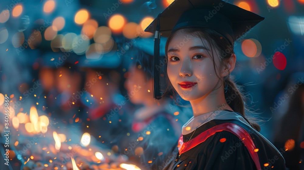 Wall mural Graduates in caps and gowns grilling, celebratory, high detail, vibrant colors, evening light, bokeh background 8K , high-resolution, ultra HD,up32K HD - Wall murals