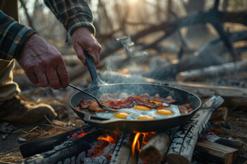 Fototapeta premium Cowboy cooking breakfast by a campfire