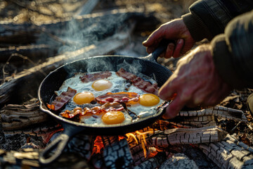 Cowboy cooking breakfast by a campfire