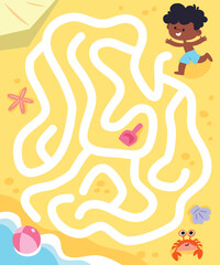 Vector colourful maze, colorful labyrinth for children with summer scene at the beach, yellow sand with waves and cute characters. Puzzle game.