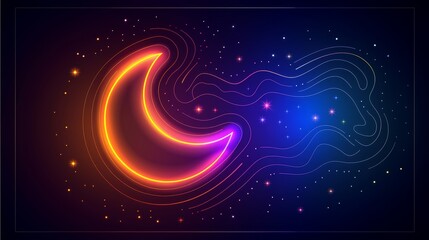 Neon crescent moon with abstract background