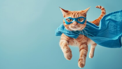 Fototapeta premium Superhero cat flying with blue mask and cape. Concept of feline heroism by AI generated image