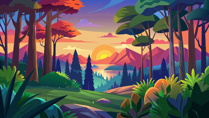 forest landscape of colorful sunsets vector background 