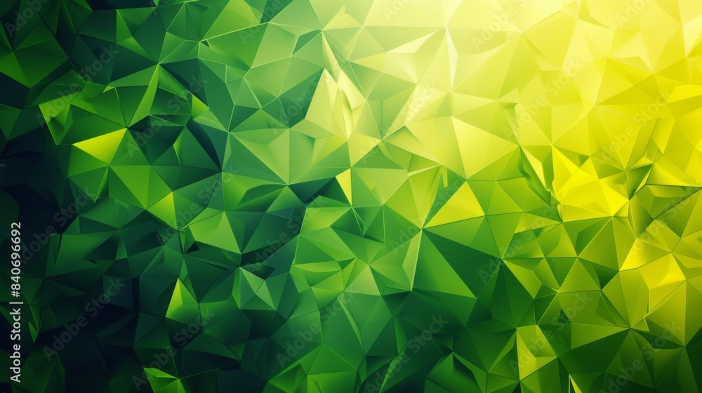 Poster an abstract geometric background with sharp triangles and polygons in various shades of green and ye