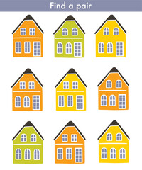 Find 2 two same pictures. Table matching game. Colourful colorful houses. Find a pair. Children's puzzle.