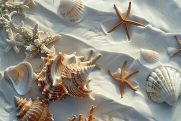 Obraz premium An exquisite beach banner with a close-up view of intricate shells, vibrant corals, and starfish resting on fine white sand. The composition is perfectly balanced, with each element sharply.
