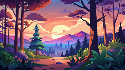 forest landscape of colorful sunsets vector background 