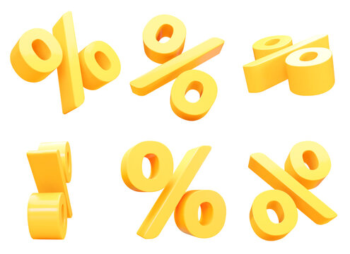 3d set of yellow percent signs discount with different angles. Voucher gift. Stock vector illustration on isolated background.	
