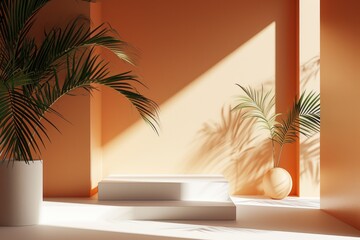 A single plant sits in a white vase on a white platform, providing a simple and elegant centerpiece