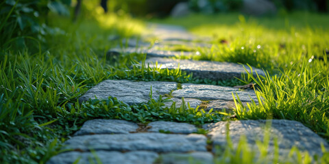 A natural stone pathway runs through a lush green grassy field, perfect for outdoor scenes and nature photography