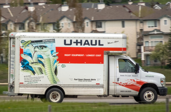 Calgary, Alberta, Canada. May 31, 2024. An U-Haul moving truck on the road.