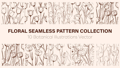 Fototapeta premium seamless patterns set botanical line art flowers drawing invitation decoration Valentine's Day, greeting cards, Mother's Day, botanical graphic drawing, textile patterns. Plants and bouquets without f