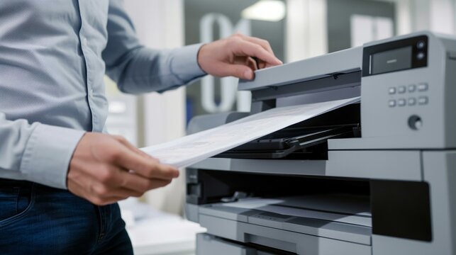 Close-up of a person scanning a document using a modern office printer in a brightly lit environment.