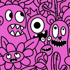 Cartoon doodle Halloween aliens seamless monster pattern for wrapping paper