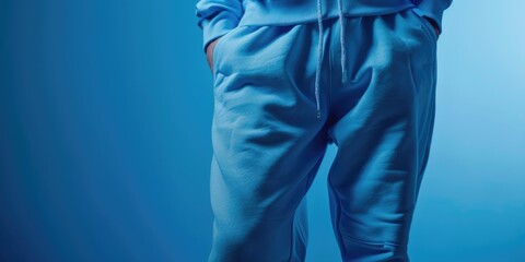A person wearing a blue hoodie and sweatpants, suitable for everyday use or athletic activities