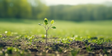 A small plant growing in the middle of a green field