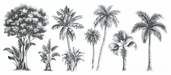 Seamless Border Hand Drawn Black and White Lithography Illustration Retro Style Design. Tropical wallapaper. AI generated illustration