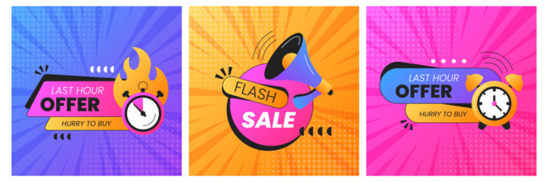 Set of square last time offer or hot sales banner. Sale promo covers with alarm clock, countdown or megaphone announcement. Discount promotion poster template for social media, online shopping website