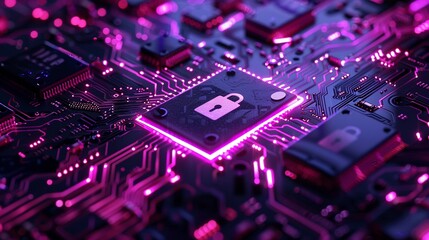 Digital security icon on circuit board, high detail, neon purple, cyber technology theme 8K , high-resolution, ultra HD,up32K HD