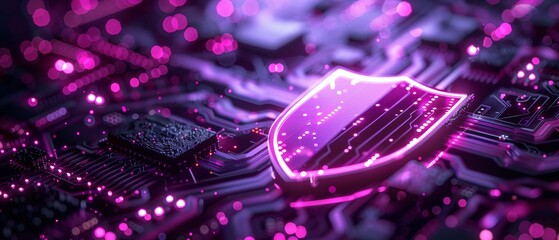 Digital shield and circuit board, detailed, neon purple, futuristic design, cyber security focus 8K , high-resolution, ultra HD,up32K HD