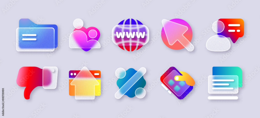 Aufkleber transparent frosted glass morphism icon. 3d glassmorphism ui icons with document folder, user contac
