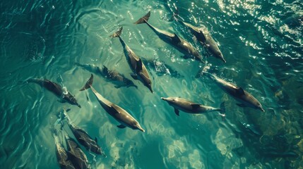 Fototapeta premium An aerial view of a dolphin pod swimming in formation, their synchronized movements creating mesmerizing patterns on the ocean's surface