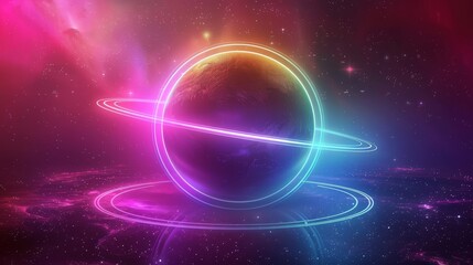 Neon Planet with Glowing Rings in Cosmic Space