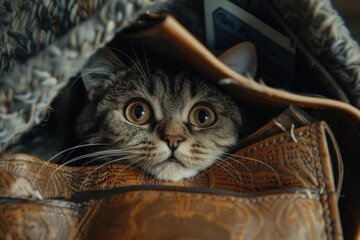 A curious cat looks out of a purse while holding a cell phone, perfect for use as a cartoon or illustration