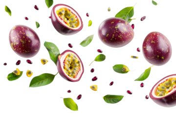 Passion Fruit with half slice and seed falling in the air with leaves isolated on background, Tropical fruit in summer season.