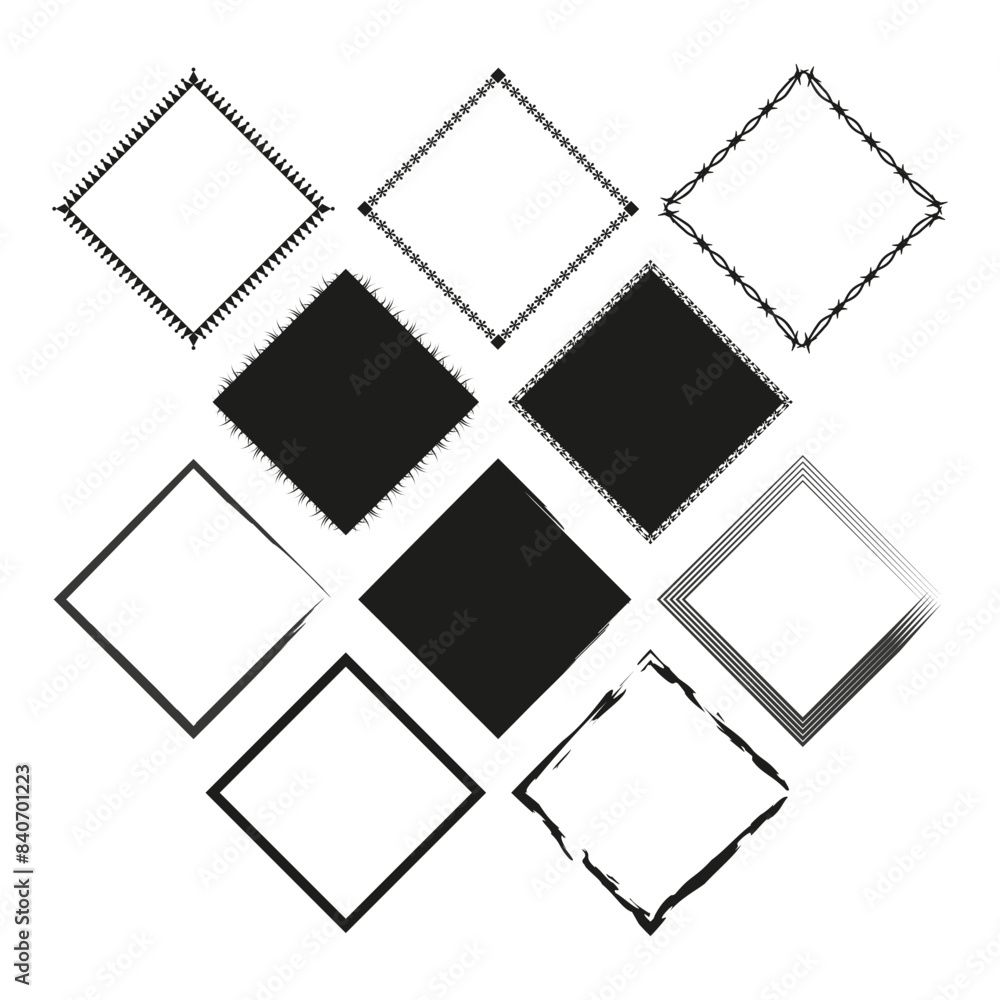 Aufkleber decorative square frames. black and white. various styles. vector design elements.