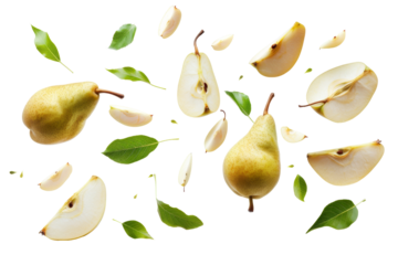 Ripe Fresh Pear fruit with half slice and green leaves in the air with leaves isolated on background, Delicious fruit in summer season.