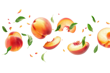 Flying Peach fruit with half slice and green leaves in the air with leaves isolated on background, Delicious fruit in summer season.