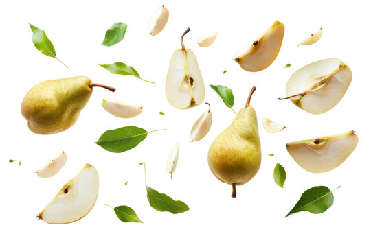 Ripe Fresh Pear fruit with half slice and green leaves in the air with leaves isolated on background, Delicious fruit in summer season.
