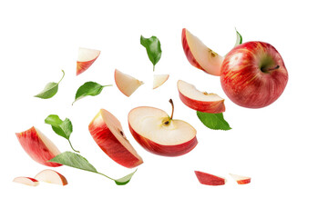 Naklejka premium Red Apples with slices and green leaves falling or flying in the air isolated on background.