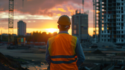 A construction worker wearing a safety vest and helmet overlooks a city skyline at sunset