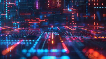 Obraz premium Abstract holographic display with futuristic interface elements and floating data points, creating a visually engaging high-tech background