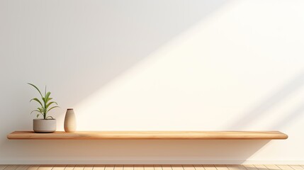 Empty Light Wood Table with Soft Shadow and Sun Rays on White Wall Background