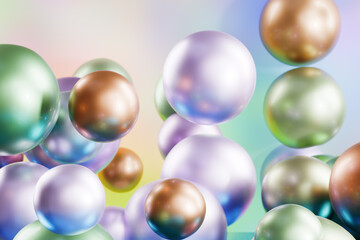 Colorful metallic balls floating against a pastel background. 3d rendering