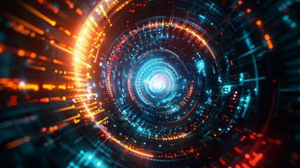 Abstract technology vortex with bright neon lights and dynamic motion, evoking the feel of advanced digital systems