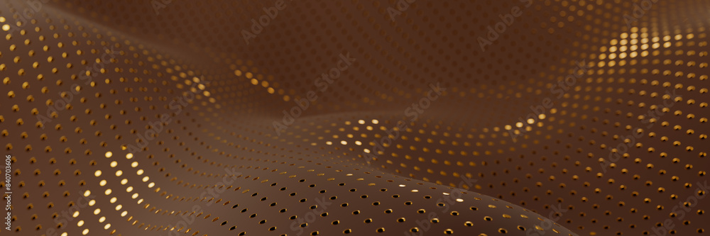 Poster a wavy surface with a pattern of golden dots on a brown background. 3d rendering