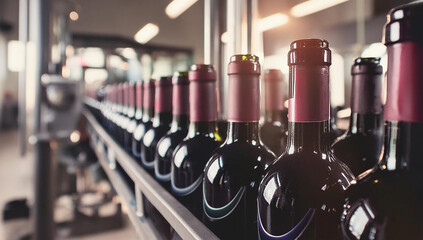 Línea de llenado de botellas de vino tinto, botellas de vino tinto en las correas transportadoras, fábrica de vino, industria alimentaria.