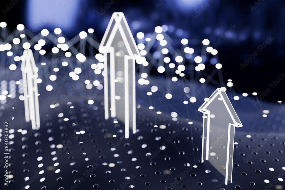 Poster digital arrows pointing upwards on a dotted surface, symbolizing growth and progress in a futuristic