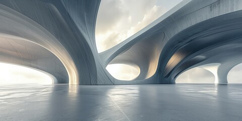 3D render of abstract futuristic architecture concrete structure with flowing curves