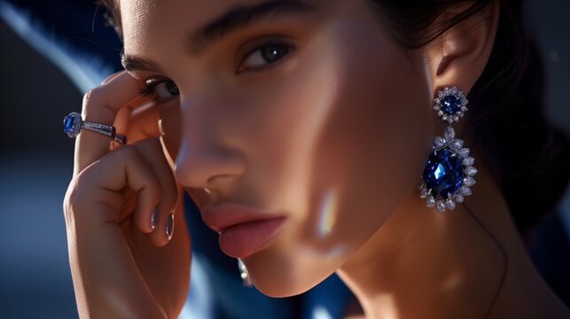 People, model wears an elegant ring with sapphire and diamond earrings in a close-up shot