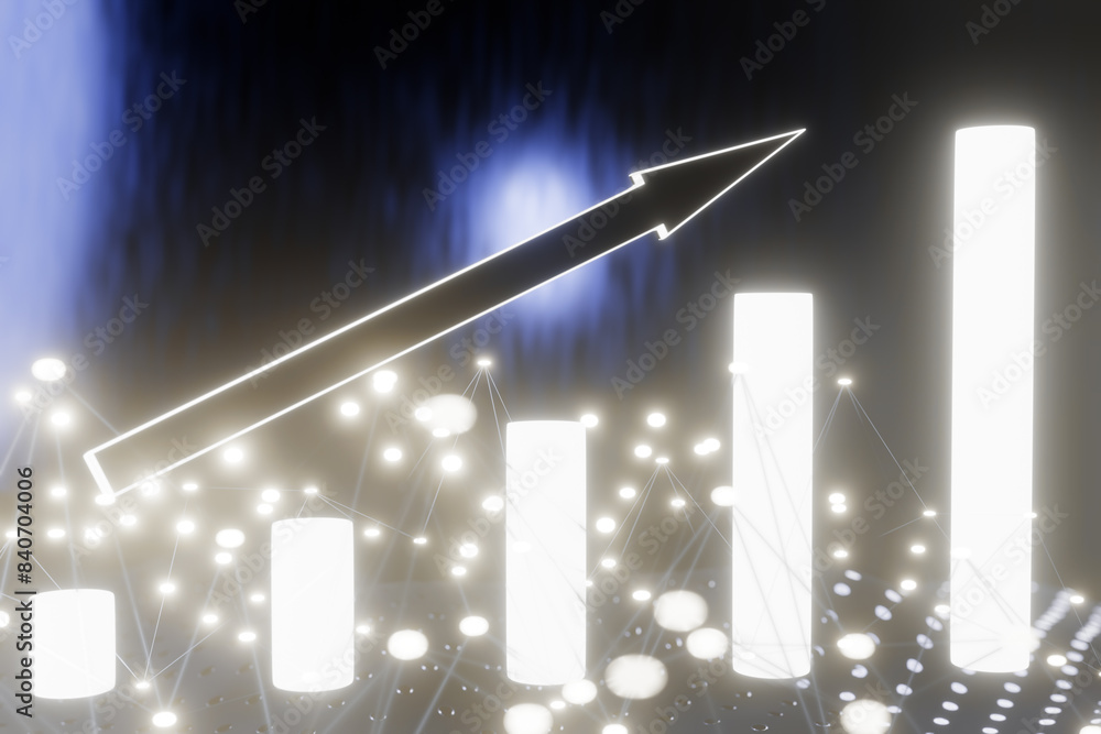 Poster a glowing bar chart with an upward arrow indicating growth and progress in a futuristic setting. 3d 