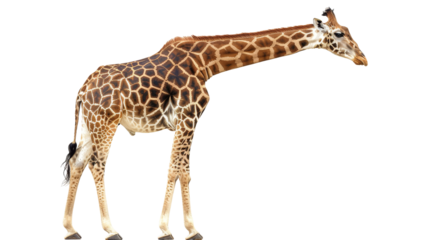 A giraffe is walking on transparent or white background